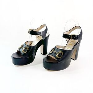 GUCCI Black Charlotte Horsebit Leather Platform Heels Size 40.5 US 10.5 Sandals